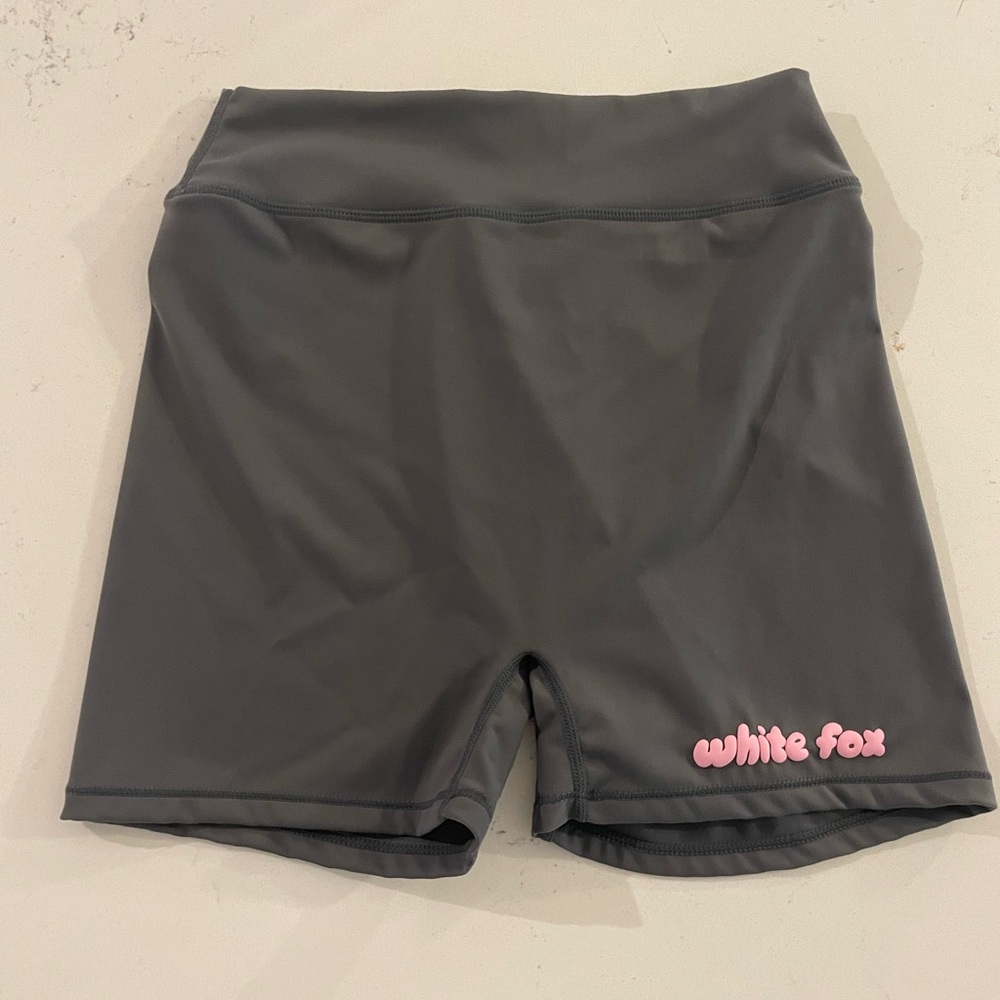 White Fox Boutique Charcoal Bike Shorts with Pink Logo
